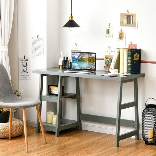 Wooden Trestle Computer Desk with 2-Tier Removable Shelves-Gray - Color: Gray