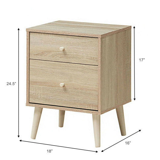 2-Drawer Nightstand Beside End Side Table with Rubber Legs-Natural - Minihomy