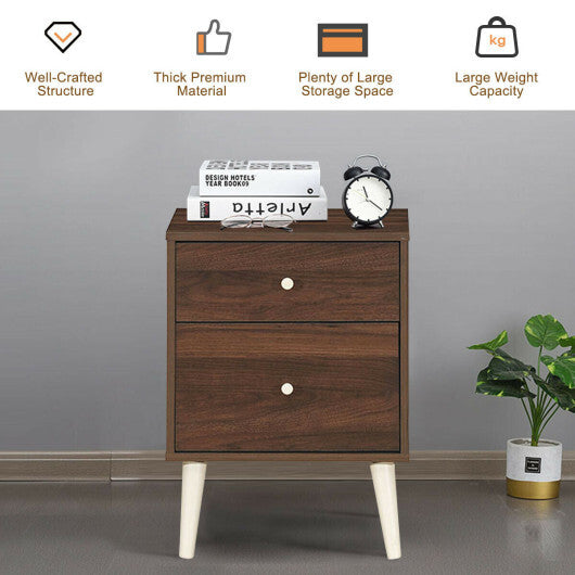 2-Drawer Nightstand Beside End Side Table with Rubber Legs-Natural - Minihomy