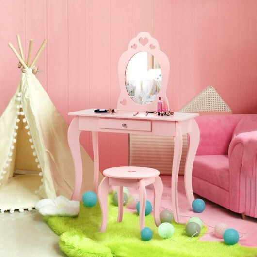 Kids Princess Makeup Dressing Play Table Set with Mirror -Pink - Color: Pink