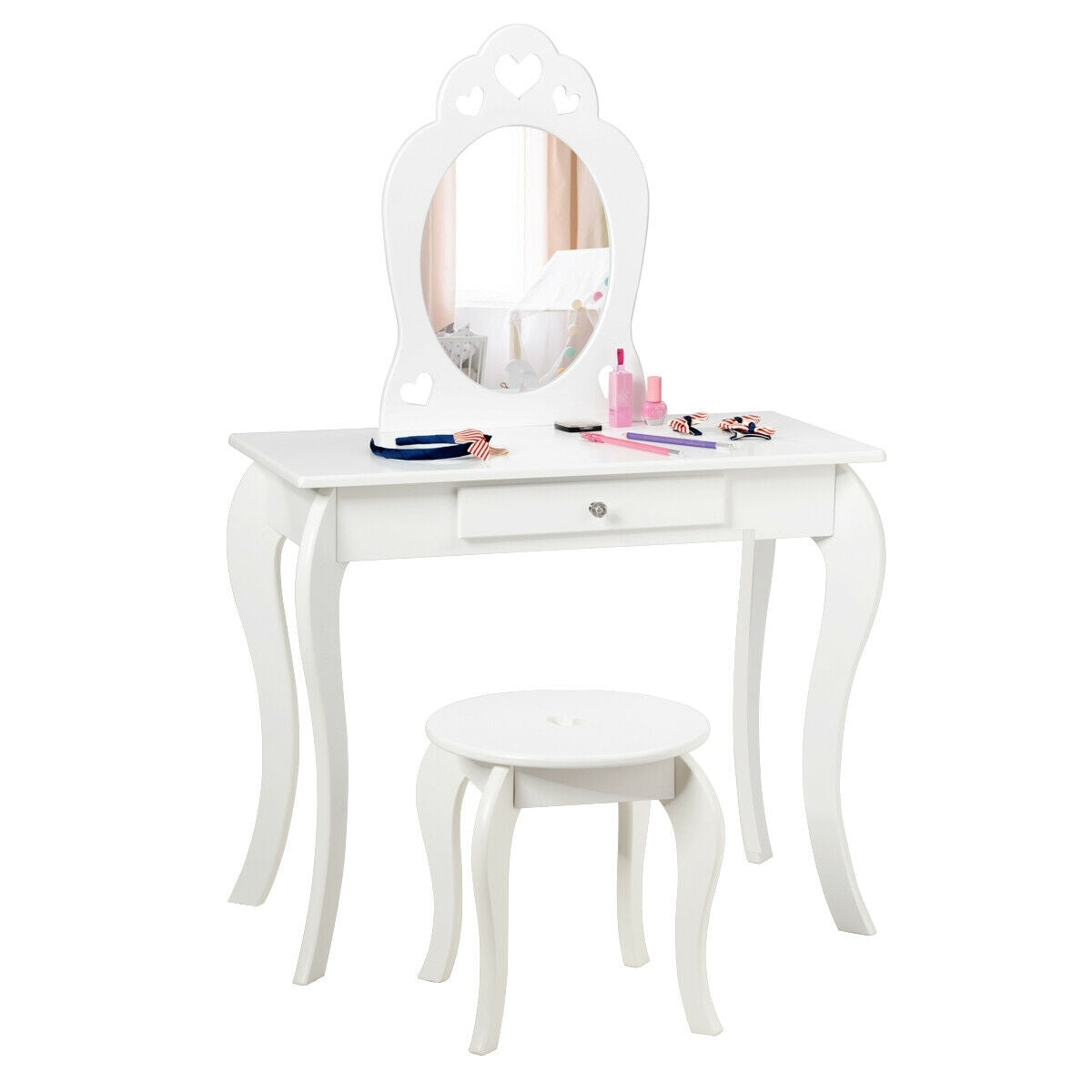 Kids Princess Makeup Dressing Play Table Set with Mirror -White - Color: White