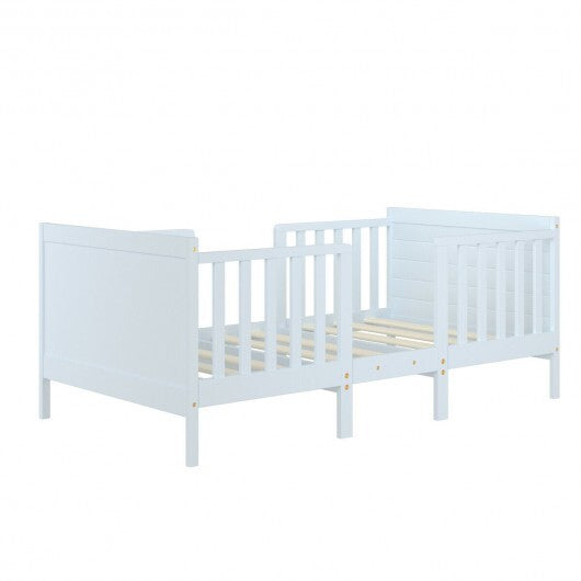 2-in-1 Convertible Kids Wooden Bedroom Furniture with Guardrails-White