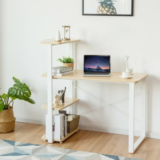 Reversible Computer Desk Study Table Home Office with Adjustable Bookshelf-Natural - Color: Natural