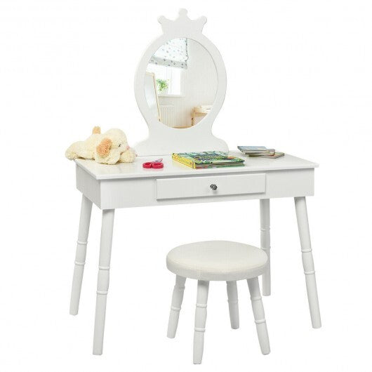 Kids Vanity Makeup Table & Chair Set Make Up Stool-White - Color: White