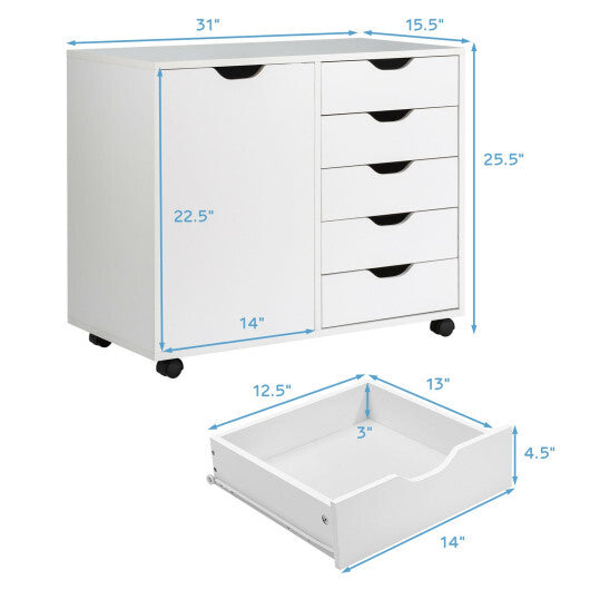 5-Drawer Dresser Chest Mobile Storage Cabinet with Door-White - Minihomy