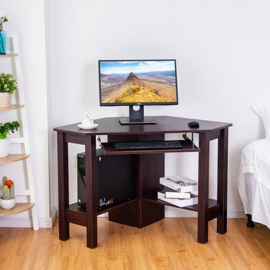 Wooden Study Computer Corner Desk with Drawer-Coffee - Color: Brown