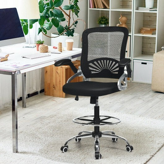 Adjustable Height Flip-Up Mesh Drafting Chair with Lumbar Support - Color: Black - Minihomy