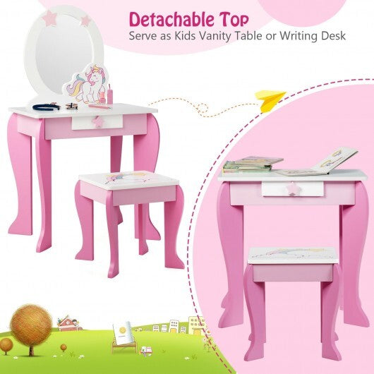 Kids Wooden Makeup Dressing Table and Chair Set with Mirror and Drawer - Color: Pink - Minihomy