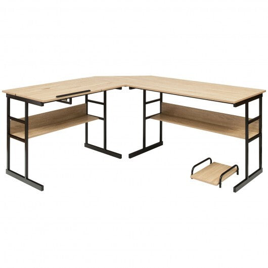 L-Shaped Computer Desk with Tiltable Tabletop-Natural - Color: Natural - Minihomy