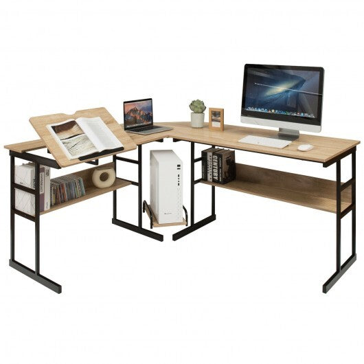 L-Shaped Computer Desk with Tiltable Tabletop-Natural - Color: Natural - Minihomy