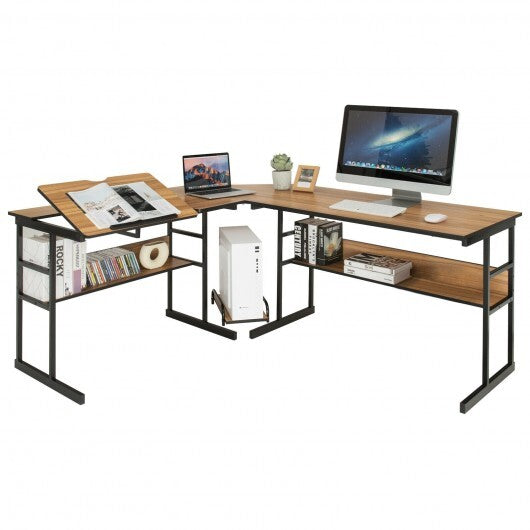 L-Shaped Computer Desk with Tiltable Tabletop-Walnut - Color: Walnut - Minihomy