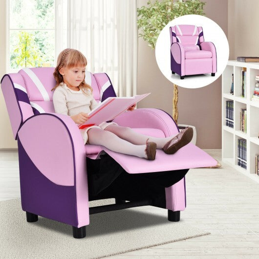 Kids Leather Recliner Chair with Side Pockets-Pink - Color: Pink