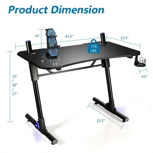 43.5 Inch Height Adjustable Gaming Desk with Blue LED Lights - Color: Black - Minihomy