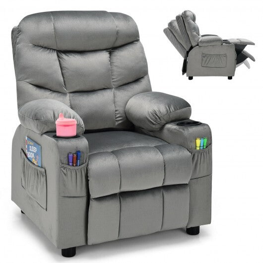 Kids PU Leather/Velvet Fabric Kids Recliner Chair with Cup Holders-Light Gray - Color: Light Gray - Minihomy