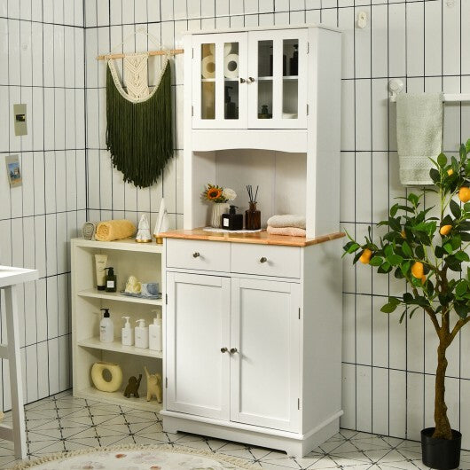 Kitchen Pantry Cabinet with Wood Top and Hutch-White