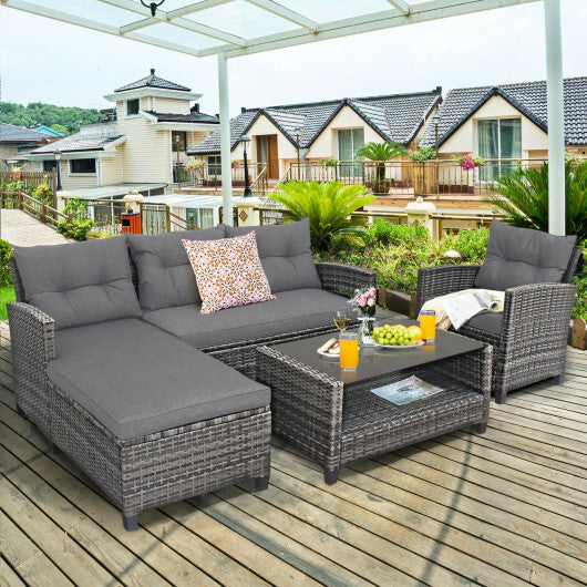 4 Pieces Patio Rattan Furniture Set with Cushion and Table Shelf-Gray - Color: Gray