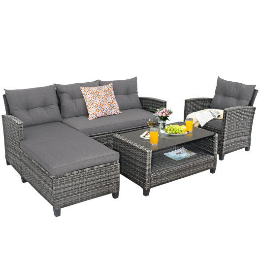 4 Pieces Patio Rattan Furniture Set with Cushion and Table Shelf-Gray - Color: Gray