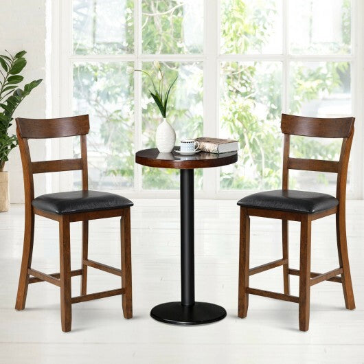 2 Pieces Counter Height Chair Set with Leather Seat and Rubber Wood Legs