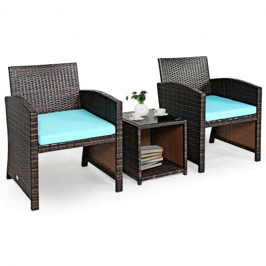 3 Pieces PE Rattan Wicker Furniture Set with Cushion Sofa Coffee Table for Garden-Turquoise - Color: Turquoise