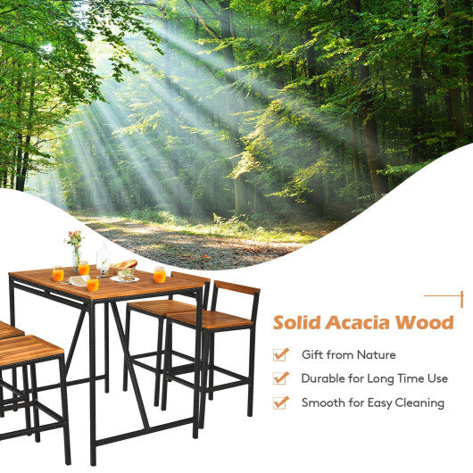 5 Pieces Outdoor Acacia Wood and PE Rattan Bar Set - Minihomy