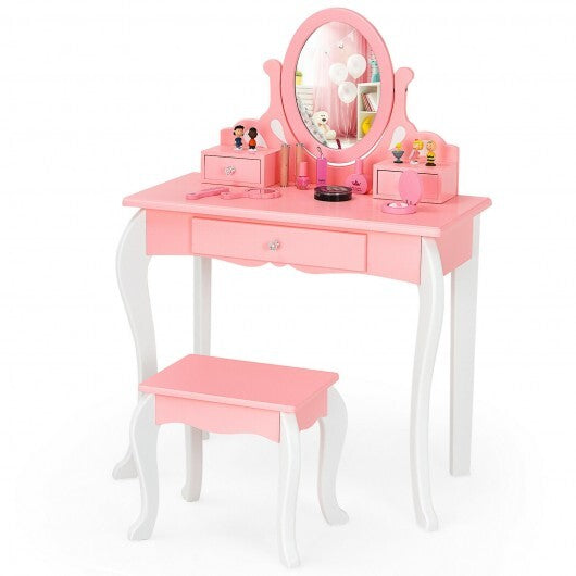 Kids Vanity Princess Makeup Dressing Table Stool Set with Mirror and Drawer-Pink - Color: Pink