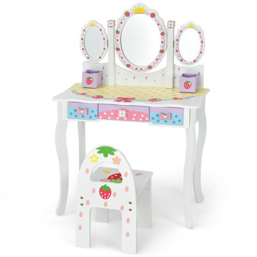 Kids Vanity Princess Makeup Dressing Table Chair Set with Tri-fold Mirror-White - Color: White