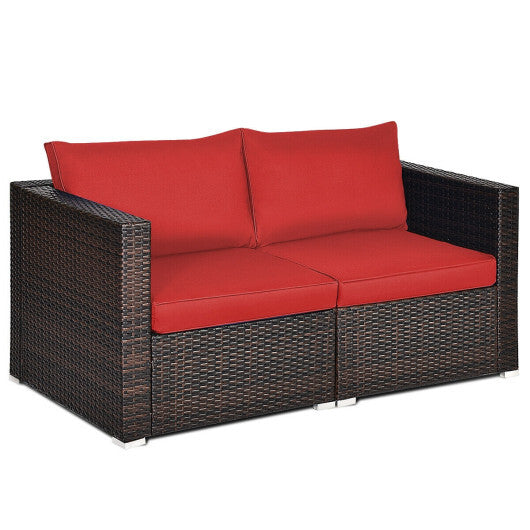 2PCS Patio Rattan Sectional Conversation Sofa Set-Red - Color: Red - Minihomy