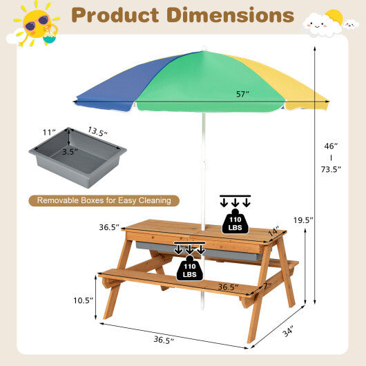 3-in-1 Kids Outdoor Picnic Water Sand Table with Umbrella Play Boxes-Yellow - Color: Yellow - Minihomy