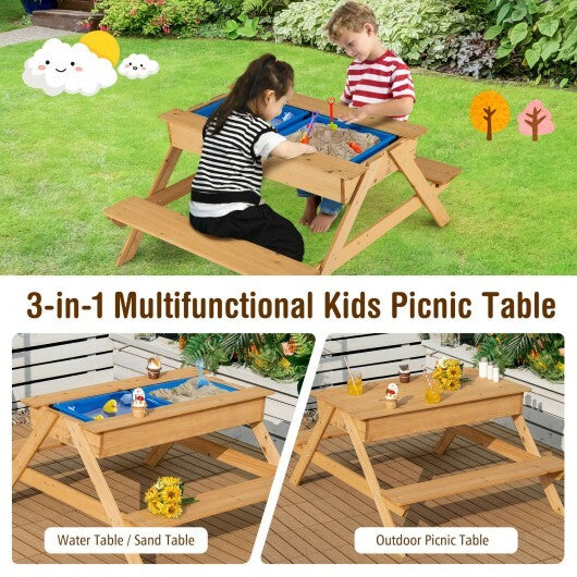 3-in-1 Kids Picnic Table Wooden Outdoor Water Sand Table with Play Boxes - Color: Natural - Minihomy