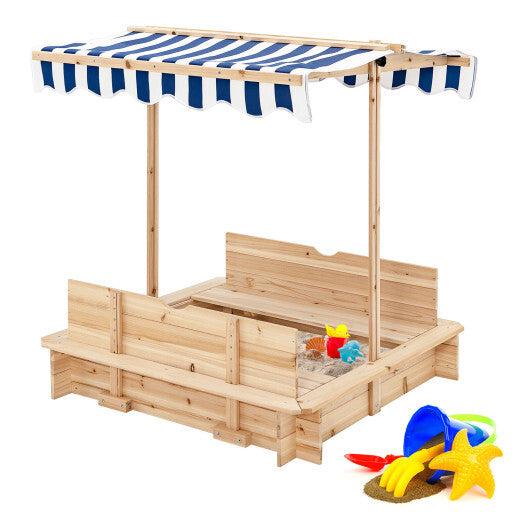 Kids Wooden Sandbox with Canopy and Bench Seats - Minihomy