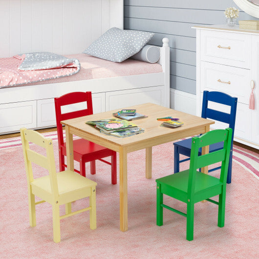 5 pcs Kids Pine Wood Multicolor Table Chair Set  - Color: Deep Multicolor