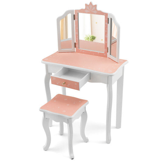 Princess Vanity Table and Chair Set with Tri-Folding Mirror and Snowflake Print-Pink - Color: Pink