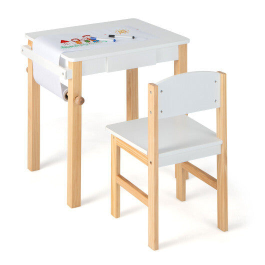 Kids Art Table and Chair Set with Drawer Paper Roll and 2 Markers-White - Color: White