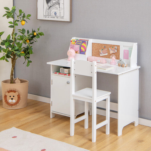 Wooden Kids Study Desk and Chair Set with Storage Cabinet and Bulletin Board-White - Color: White