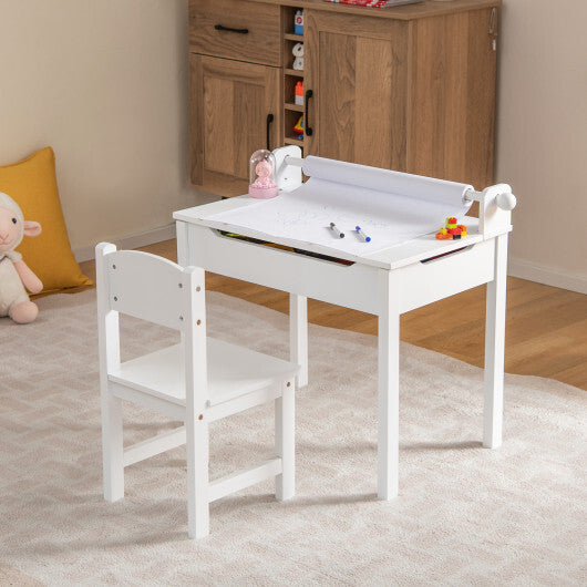 Wooden Kids Table and Chair Set with Storage and Paper Roll Holder-White - Color: White