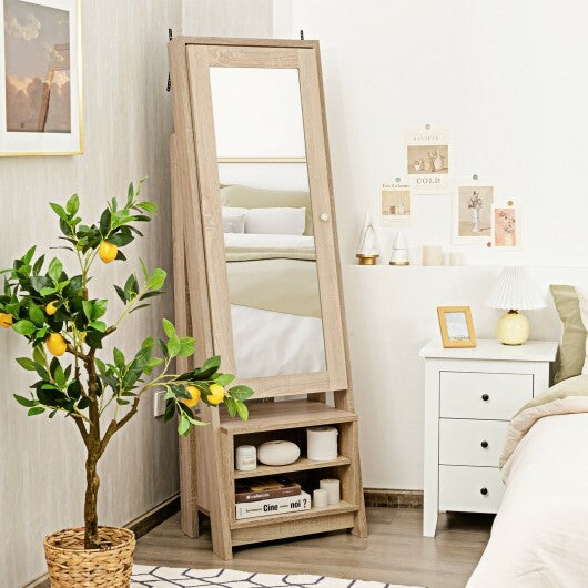 2-in-1 Wooden Cosmetics Storage Cabinet with Full-Length Mirror and Bottom Rack