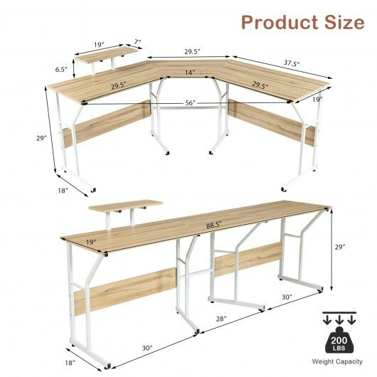 88.5 Inch L Shaped Reversible Computer Desk Table with Monitor Stand-Oak - Color: Natural - Minihomy