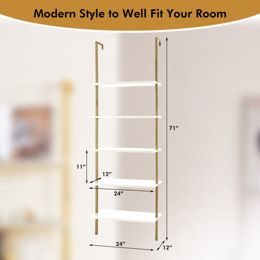 5 Tier Ladder Shelf Wall-Mounted Bookcase with Steel Frame-Golden - Color: Golden - Minihomy