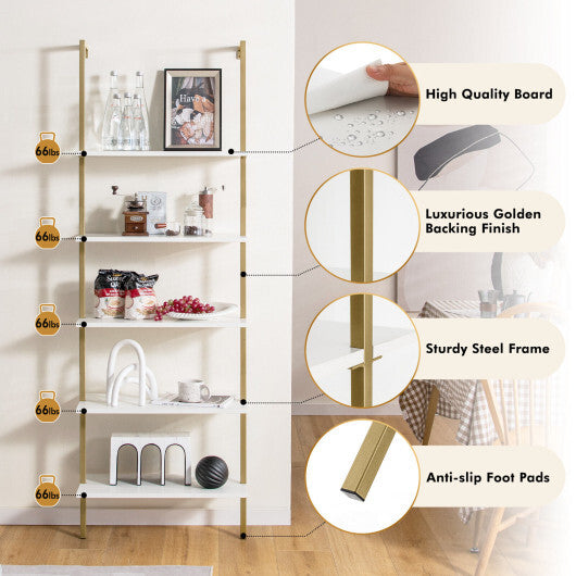 5 Tier Ladder Shelf Wall-Mounted Bookcase with Steel Frame-Golden - Color: Golden - Minihomy