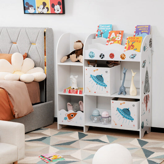 Kids Toy and Book Organizer Children Wooden Storage Cabinet with Storage Bins - Color: White