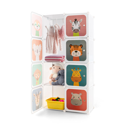 8 Cube Kids Wardrobe Closet with Hanging Section and Doors-8 Cubes - Color: White - Size: 8 Cubes