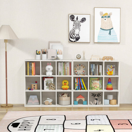 Wooden Kids Bookcase with Storage Cubbies and Anti-toppling Devices-White - Color: White