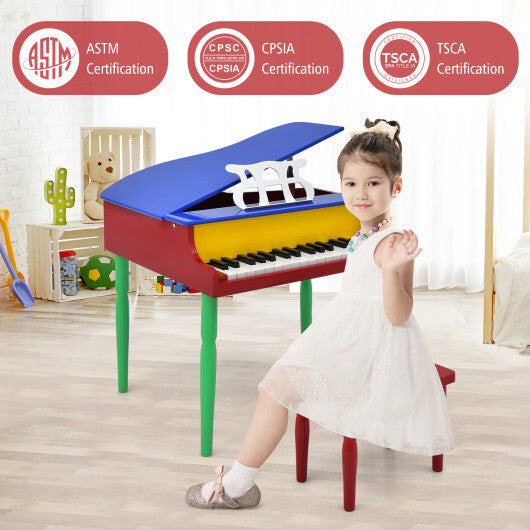 30-Key Wood Toy Kids Grand Piano with Bench and Music Rack-Multicolor - Color: Multicolor - Minihomy