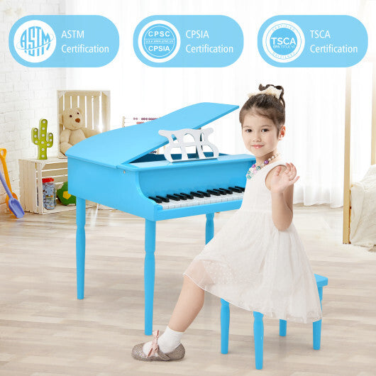 30-Key Wood Toy Kids Grand Piano with Bench and Music Rack-Blue - Color: Blue - Minihomy