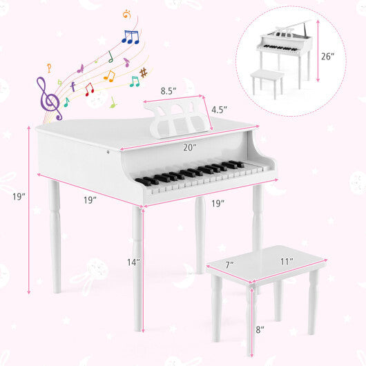 30-Key Wood Toy Kids Grand Piano with Bench and Music Rack-White - Color: White - Minihomy