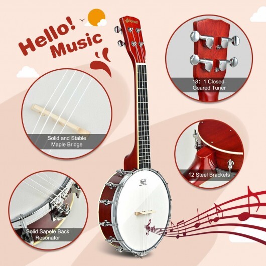 24 Inch Sonart 4-String Banjo Ukulele with Remo Drumhead and Gig Bag - Color: Red - Minihomy