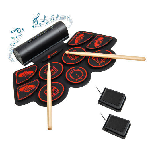 Electronic Drum Set with 2 Build-in Stereo Speakers for Kids-Red - Color: Red