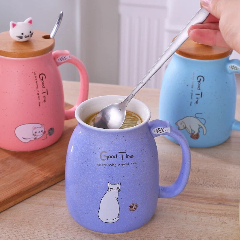 Cartoon Ceramics Cat Mug With Lid and Spoon Coffee Milk Tea Mugs - Minihomy