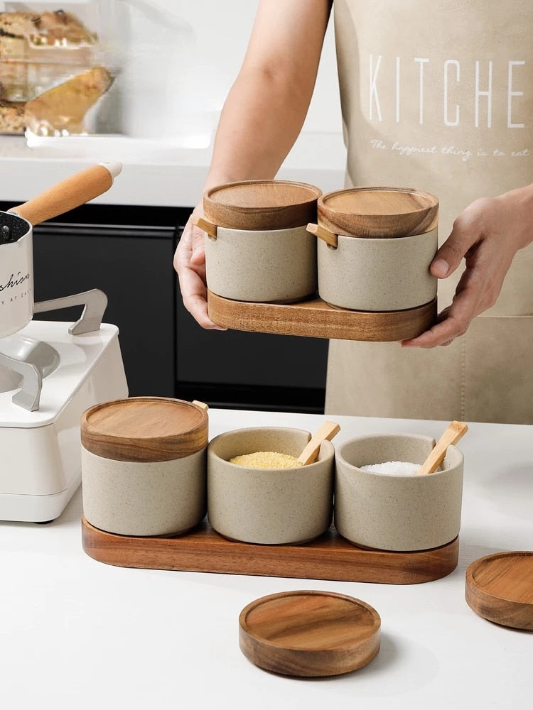 Kitchen Seasoning Pot Ceramic Three Piece Suit Simple Salt Pot Acacia Wood Tray With Cover - Minihomy