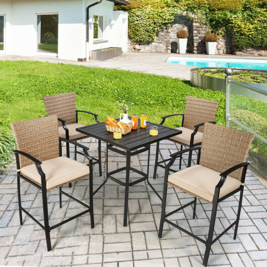 Patio Rattan Bar Stools Set of 4 with Soft Cushions - Minihomy